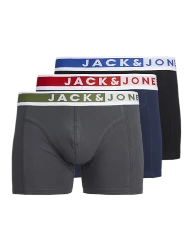 Jack & Jones Trunk (3-St) - Bunte Herrenunterhosen mit Markenschriftzug - Herrenunterhosen im 3er Pack, aus 95% Baumwolle für hohen Tragekomfort, mit breitem Elastikbund und stylischem Markenschriftzug.