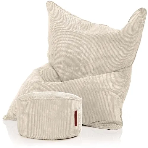 Green Bean XXL Sitzsack + Pouf Set – Bequemer Riesensitzsack mit Fußhocker - Extragroßer XXL Sitzsack (180 x 140 cm) mit passendem Hocker (45 x 25 cm) aus weichem Kord. Waschbarer Bezug, ideal für Gemütlichkeit und Flexibilität im Innenbereich. Perfekt für entspannte Stunden im Wohnzimmer oder Kinderzimmer.