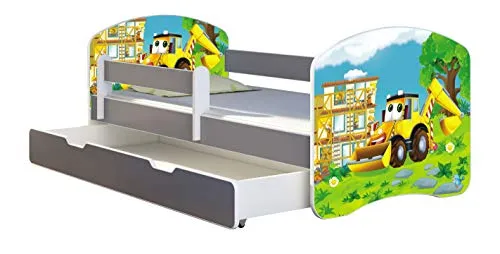 ACMA Kinderbett Jugendbett mit Einer Schublade und Matratze Grau mit Rausfallschutz Lattenrost II (20 Bagger, 140x70 + Bettkasten)