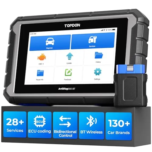 TOPDON OBD2 Diagnosegerät ArtiDiag900BT, ECU-Codierung, 28+ Services für bidirektionales Scannen Aller Systeme, mit 2 Jahren Updates, OBD2 Scanner für alle Fahrzeuge mit AutoVIN FCA