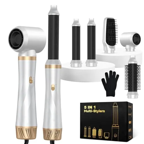 Focenat Airstyler 5 in 1, 1000W Warmluftbürste Set mit Lockenstab Automatisch, Air Styler Thermal Brush Haartrockner, Negativ Lonen Haarstyler, 3 Tempe Hairstyler für Volumen, Glätten, Locken & Föhnen