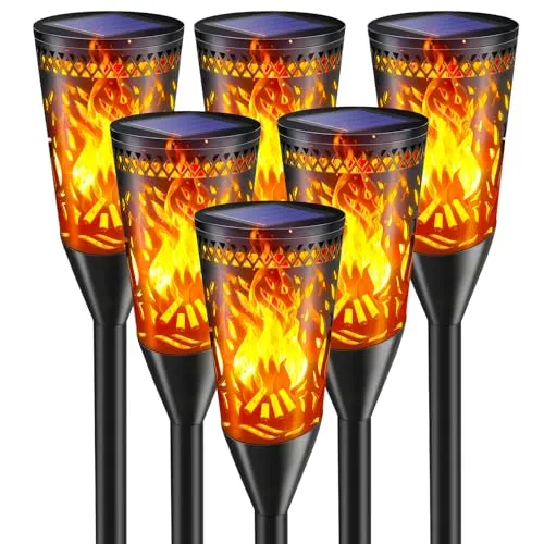 FIFlying Solarlampen für Außen Garten, 2 Modi Solarfackeln mit Flammeneffekt für Halloween Dekoration, IP65 Wasserdicht, Flackernde Solarlichter für Weg,Terrasse, Rasendeko-6 Stück