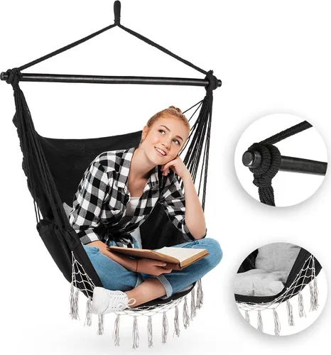 Outtec Hängesessel - Schwarz & Weiß, Boho-Stil - Hängesessel für Garten & Balkon, aus strapazierfähigem Material, max. 140 kg Belastung, ideal zum Entspannen an heißen Tagen.
