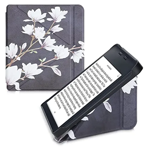 kwmobile Schutzhülle kompatibel mit Kobo Libra 2 - Hülle Kunstleder - eReader Cover Case - Magnolien Taupe Weiß Dunkelgrau