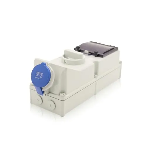 Intratec CEE Wandsteckdose 32A 3-polig IP44 – Schalter abschließbar, DIN-Schiene für LS/FI, vorverdrahtet, 230V AC, Abdeckung transparent, ABS-Gehäuse Grau