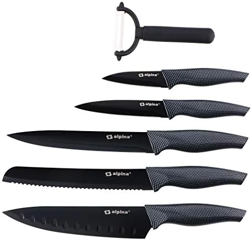 teiliges Messer-Set Brot, Fleisch, Allzweck, Schäler und Santoku-Messer - Inklusive Sparschäler - Ideal für die Profiküche und auch semiprofessionelle Küche, Schwarz 6