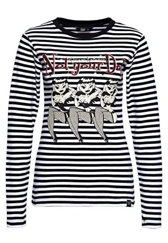 Queen Kerosin Damen Langarm Shirt Schwarz Rot Gestreift mit Vintage Print - Stylisches Damen Longsleeve von Queen Kerosin im 50er Jahre Pin-Up Look. Aus hochwertiger Baumwolle mit Stretch für perfekten Tragekomfort. Ideal für legere und sexy Outfits!