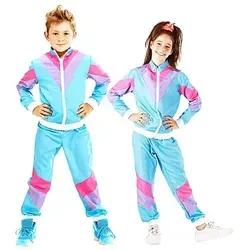 W WIDMANN MILANO Party Fashion - Kinderkostüm 80er Jahre Trainingsanzug, flippiges Unisex-Outfit in Türkis mit bunten Streifen für Fasching und Gruppenaktionen