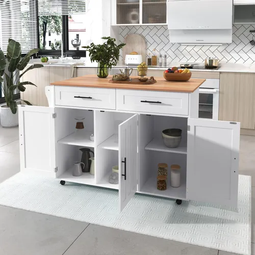 okwish Küchenschränke mit Klapptischplatte,Inneneinlegeböden in den Schranktüren,Kücheninsel auf 5 Rädern,Sideboard mit Stauschränken und 2 Schubladen,weiß
