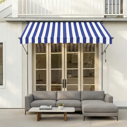 SONGMICS Höhenverstellbare Klemmmarkise 250x120 cm, Blau-Weiß mit Handkurbel