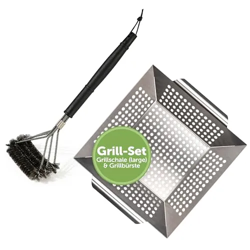Blumtal Grillbürste Edelstahl & Grillschale (Large) Edelstahl Set - Grillreiniger Gasgrill Grillbürsten – Grillkorb 29,5 x 29,5 x 6 cm – Grillschale Spülmaschinengeeignet - Grillrost Bürste im Set