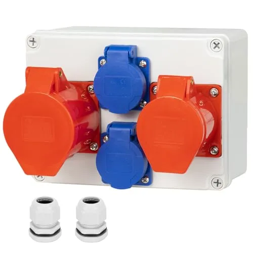 CHENGPI Steckdose Aufputz Wandverteiler Starkstrom Verteiler mit IP54 Schuko Steckdosen und 16A/32A CEE-Steckdose,IP67 Baustromverteiler Steckdosenverteiler -Ramped Socket Box,Gebäude Stromverteiler