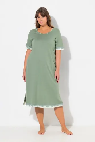Ulla Popken Damen Plus Size Nachthemd mit Spitzenkanten, Khaki, Größe 42+ - Bequemes Nachthemd in Khaki mit feinen Spitzenkanten und Rundhalsausschnitt. Aus extraweicher Modal-Baumwollmischung für höchsten Tragekomfort in großen Größen.