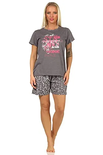 Damen Kurzarm Shorty Schlafanzug mit tollem Frontprint und kurzer Hose, Farbe:grau, Größe:40-42