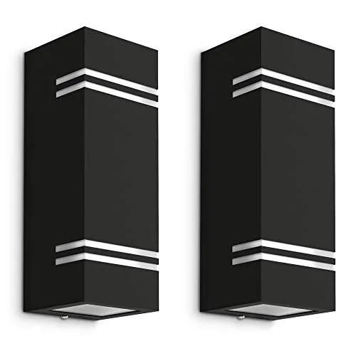 SSC-LUXon LED Wandleuchte JOVO-L 2er Set - Moderne Up & Down Wandleuchte für Außenbereiche. Enthält 4 austauschbare GU10 3W LED-Lampen in warmweiß. Ideal für Haustüren, Gärten & Terrassen. Schlichte schwarze Optik, einfache Montage und langlebige Beleuchtung.