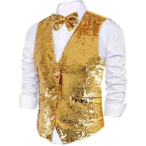 Dress Up America Paillettenweste mit Fliege - Gold Glänzender V-Ausschnitt für Herren