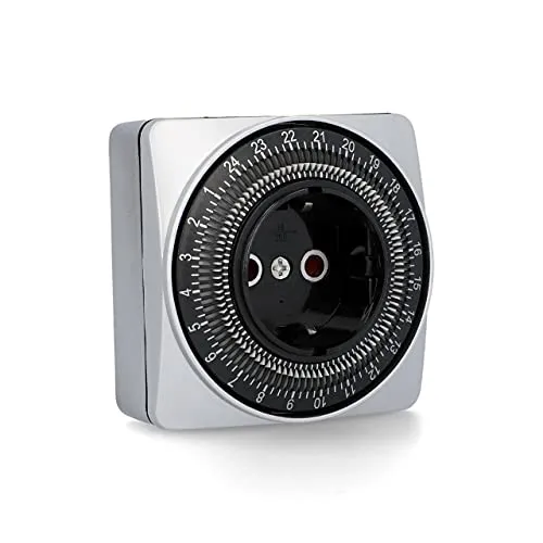 UNITEC Mechanische Tages-Zeitschaltuhr, für Innengebrauch, ansprechende quadratische Form, analog, silber, 15 Minuten-Abstände einstellbar