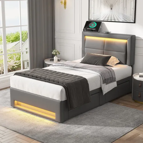 OKWISH Metallbett Kinderbett Einzelbett Stauraumbett Hochbett 90x200