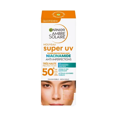 Garnier Ambre Solaire Sonnenfluid Gesicht super UV mit Niacinamid, LSF 50+ - Hochwertiges Sonnenfluid für das Gesicht mit Niacinamid, bietet zuverlässigen Schutz vor UV-Strahlen und ist ideal für den täglichen Gebrauch.