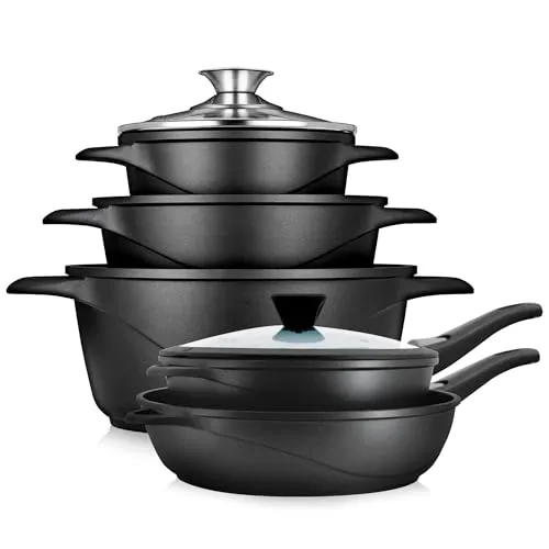 briebe Induktions-Kochgeschirr Set, 10-teilig - Kochtöpfe und Pfannen aus Aluminiumguss mit ILAG GRANITEC Antihaftbeschichtung, PFOA-frei, für gesundes Kochen. Enthält abnehmbare Griffe und Silikonhandschuhe für mehr Komfort und Sicherheit.