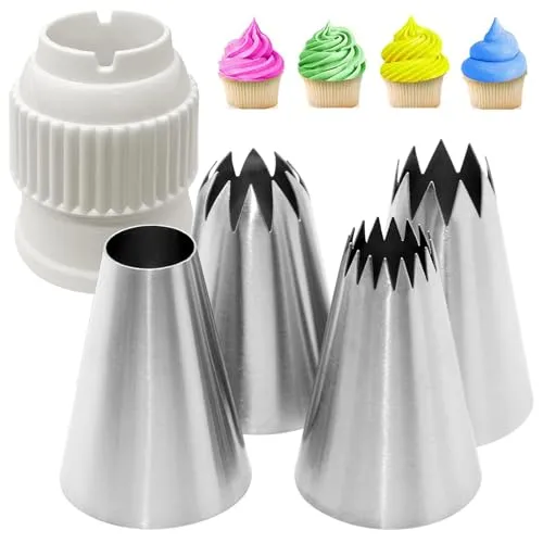 Kisvic Spritztüllen Groß Set mit Adapter, 4 pcs Edelstahl Rostfrei Tüllen (XL) für Spritzbeutel, Deko von Cupcakes Torten, Zuckerguss, Keksen