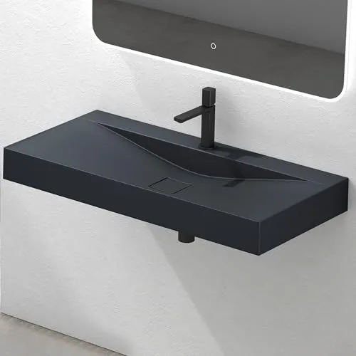 Mai & Mai Waschbecken Hängewaschbecken Anthrazit matt 100 cm - Waschschalen, elegantes Rechteckdesign aus Mineralguss, handpolierte Oberfläche für besondere Ästhetik und einfache Reinigung.