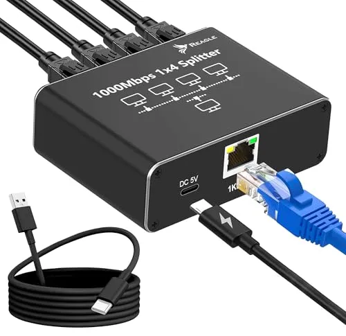 Reagle RJ45 Ethernet Splitter 4-Port, 1000 Mbps LAN Adapter, USB-C Stromversorgung, Plug & Play für Router, Computer, TV, Konsolen, Kompatibel mit Cat8/7/6/5 Netzwerkkabeln
