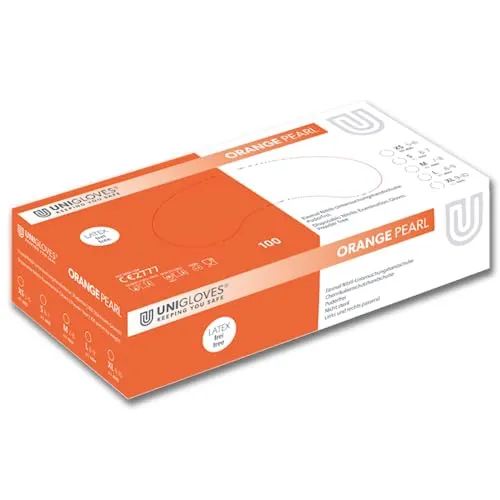 UNIGLOVES - Orange PEARL® Passgenaue Einweghandschuhe aus Nitril | Lebensmittelecht, puderfrei & latexfrei | hohe Festigkeit & Haltbarkeit | 100 Stück | Einmalhandschuh XS