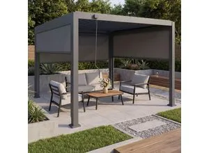 Pergola MCW-P65 mit Lamellendach und 3 Seitenwänden, 3x3m - Stilvolle Pergola 3x3m mit drehbarem Lamellendach für flexiblen Sonnenschutz. Stabiler Alurahmen, regenfest und mit 3 Seitenwänden für mehr Privatsphäre – ideal für entspannte Stunden im Garten.