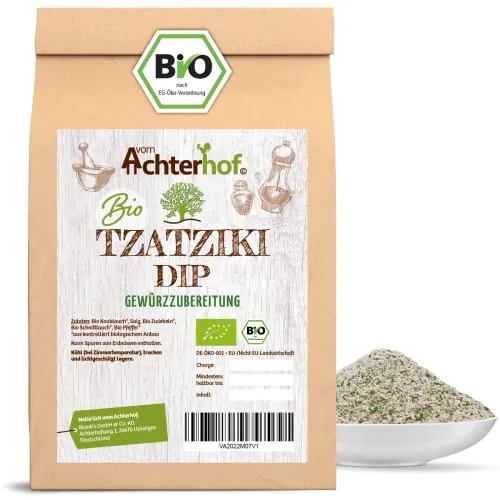 Tzatziki Dip Gewürzzubereitung Bio 100g | griechisches Tzatziki Gewürz | mit Knoblauch, Salz, Bio Zwiebeln, Bio Schnittlauch, Bio Pfeffer | vom Achterhof