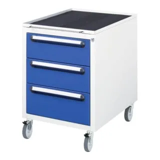 Rau Rollcontainer aus Metall, lichtgrau/blau, abschließbar - Unterbauschrank mit 3 abschließbaren Schüben, ideal für sicheren Stauraum und Organisation im Büro. Made in Germany, robust und mobil durch 4 Rollen.