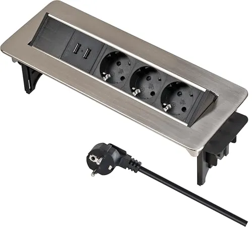 Brennenstuhl Indesk Power USB-Charger - Versenkbare 3-Fach Tischsteckdosenleiste mit 2 USB Ladebuchsen, ideal für Arbeitsplatz und schnelle Aufladung