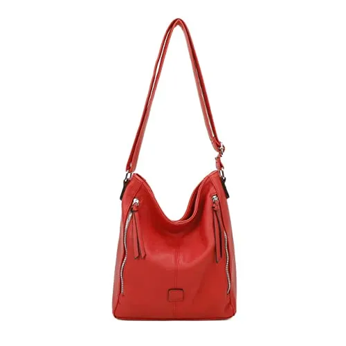 ITALYSHOP24 OBC DAMEN TASCHE Umhängetasche Schultertasche Shopper Crossbody Henkeltasche CrossOver Kunstleder Beuteltasche Handtasche Hobo Bag Reise Rot