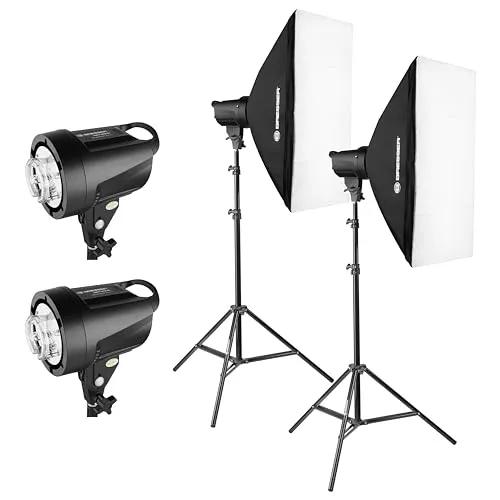 Bresser Studioblitz Set 200 Watt BRT-200 - umfangreiches Einsteiger-Set mit 50x70cm Softboxen und stufenlos einstellbarer Blitzleistung, ideal für Produkt- und Porträtfotografie