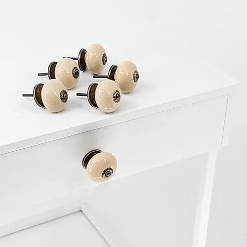 Knober 6er SET | 6 Stück Keramik Möbelknöpfe für Schrank und Schublade | Beige Silber Montur