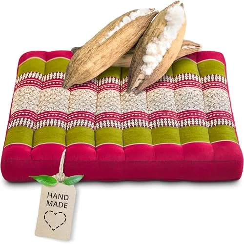 livasia Sitzkissen Stuhlauflage groß - 50x50x6cm - Rot/Grün - Vielseitiges Sitzkissen für drinnen und draußen, ideal für Yoga und Entspannung. Handgefertigt aus nachhaltigem Kapok, bietet es Komfort und Stil in jedem Raum.