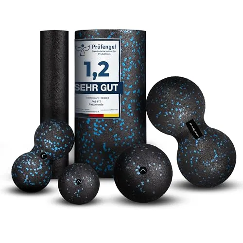 Fas Fit Faszienrolle Faszienball Selbst-Massage Set blau 6teilig – Faszien-Set für Rücken, Wirbelsäule, Pilates – inkl. Poster, Übungsheft und Turnbeutel – inkl Nackenrolle Massageball Duoball