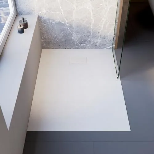 Schulte Duschwanne 140x90 cm Set inkl. Ablauf, DWM-Tec Midra mit Steinstruktur mit Rutschsicherheitsklasse B, Weiß, extra flach