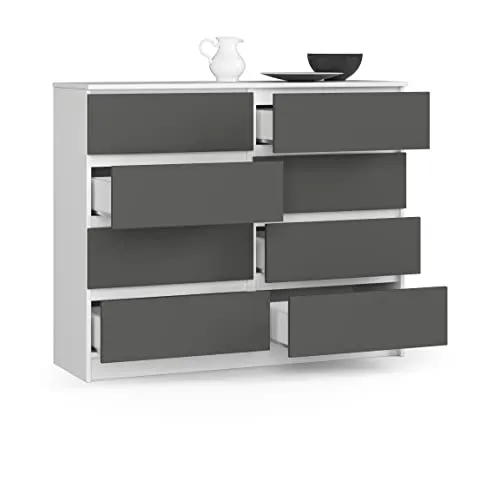 BDW Kommode, 8 Schubladen, viel Stauraum, Kleiderschrank, Flur, Badezimmerschrank, Kommode, Multifunktionsschrank. Abmessungen: 120 x 99 x 40 (Weiß - Grau)