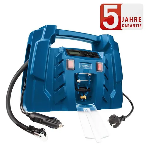 Scheppach Kompressor Airforce 5 - Tragbarer Kofferkompressor mit digitaler Anzeige, 12V/230V Anschluss und 8bar Arbeitsdruck für Reifenfüllung und mehr