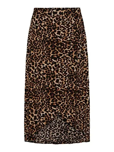 PIECES Damen Pctala Wickelrock, Indian Tan/AOP:Leo, XS - Eleganter Wickelrock mit seitlichem Bindeverschluss und drapiertem Saum, ideal für stilvolle Outfits.