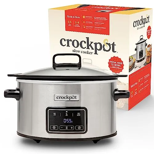 Crockpot Sizzle & Stew Digital Slow Cooker | 3,5 L (3-4 Personen) | Abnehmbare induktionsgeeignete Schüssel für Fleisch und Gemüse | EU 2 Pin Stecker | Edelstahl [CSC111X]