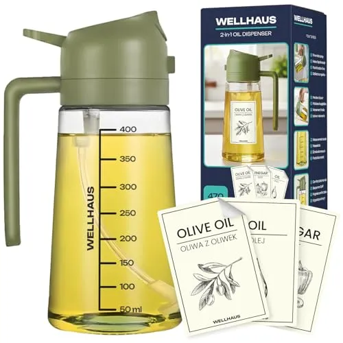 WELLHAUS Olivenölspender & Ölsprüher 2in1 – 470 ml Glas Ölspender mit UV-Schutz, lichtdicht, Ölausgießer & Ölsprühflasche für Heißluftfritteuse, Küche, Kochen, Braten, Salat, Grill & BBQ (Grün)
