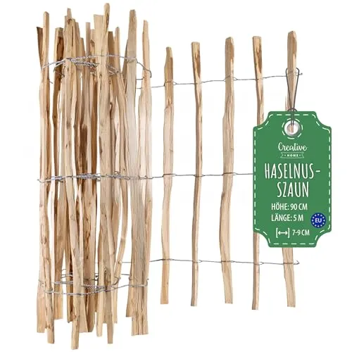 Creative Home Staketenzaun 90cm hoch und 5m lang | Haselnusszaun | Rollzaun | Lattenabstand 7-9 cm | Gartenzaun Holz Holzzaun | Zaun Garten Ideal als Rasenkante Blumenbeet Umrandung aus Haselnuss