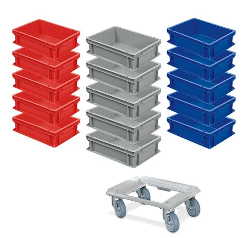 BRB-Lagertechnik Stapelbox 15er Spar-Set mit Transportroller - Praktische Euro-Stapelbehälter für Lagerung und Transport, lebensmittelecht und spülmaschinenfest. Mit robustem Transportroller für einfache Handhabung und eine Tragkraft von 250 kg.