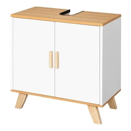 eSituro Waschbeckenunterschrank Badschrank mit Siphonausschnitt Waschtischschrank Badzimmerschrank Badregal Aufbewahrungsschrank verstellbare Ebene aus MDF Bambus Weiß Natur