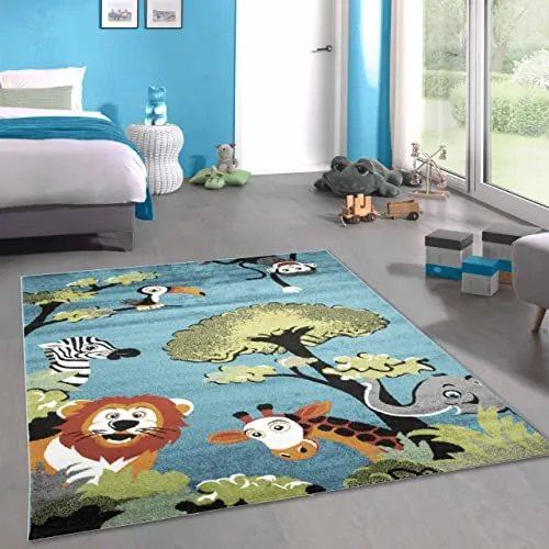 CARPETIA Waldtier-Teppich in Blau • Das perfekte Accessoire für EIN tierisch schönes Kinderzimmer, 200 x 290 cm