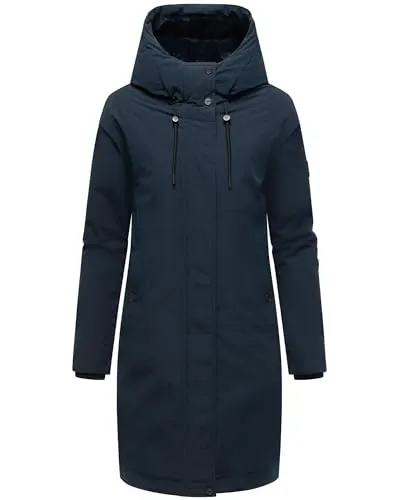 Navahoo Damen Langer Mantel mit Kapuze Hageltanz 14 Navy Gr. XXL - Vielseitiger Wintermantel mit wasserabweisendem Material und kuscheligem Innenfutter. Ideal für kalte Tage, bietet er modernen Style und praktische Details wie einen 2-Wege-Reißverschluss und Fleece-Taschen.