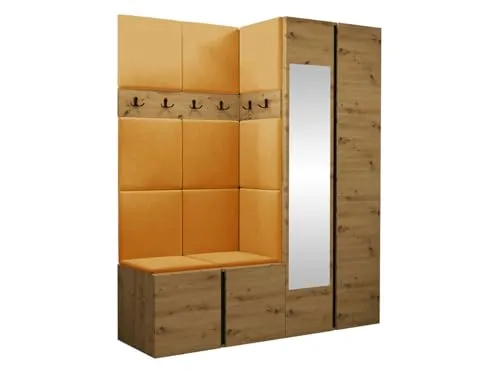 Mirjan24 Garderoben-Set Monati XII, Kleiderschrank mit Spiegel, Schuhschrank, 2X Kleiderhakenbrett, Gepolstertes Paneel/Wandpaneel, 6 Doppelhaken, Flurgarderobe (Eiche Artisan/Schwarz, Manila 32)