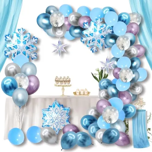 Schneeflocke Luftballons Garland Arch Kit Blau & Weiß & Silber& violett 99er Pack Schneeflocke Ballons für Winter Wonderland, Urlaub, Weihnachten, Baby Shower, Frozen Birthday Party Dekorationen